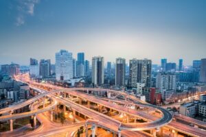 city interchange in nightfall, beautiful chengdu skyline with overpass background